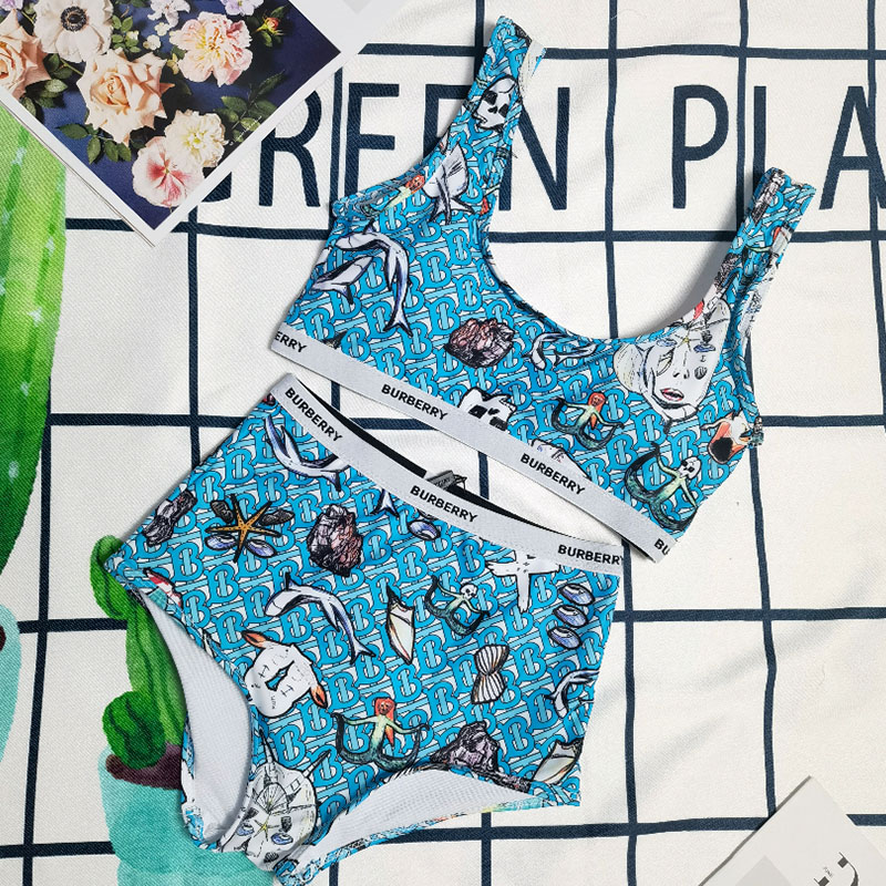 

Blue Fashion Vacation Print Split Joint Swimwears