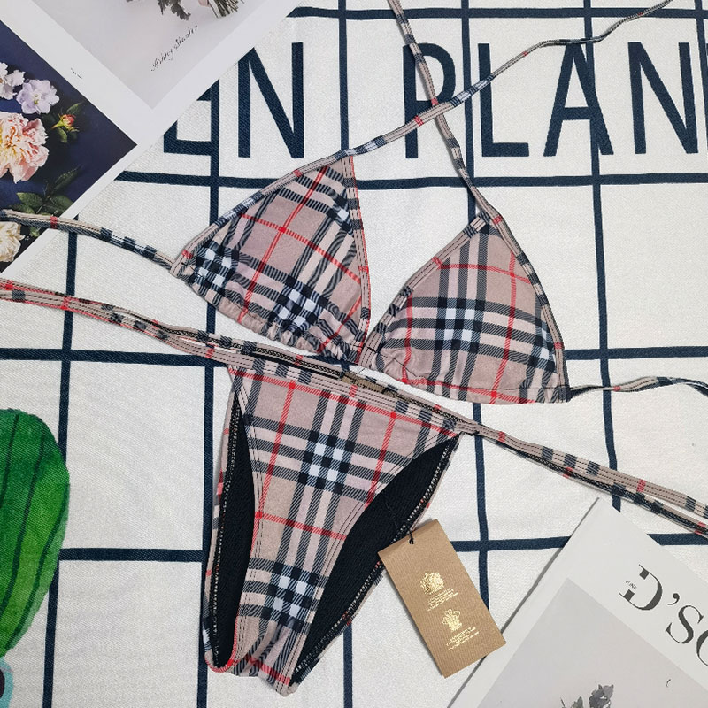 

Khaki Fashion Sexy Plaid Split Joint Swimwears