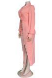 Vestidos de talla grande de manga larga con cuello en V y pliegues sólidos casuales de moda rosa