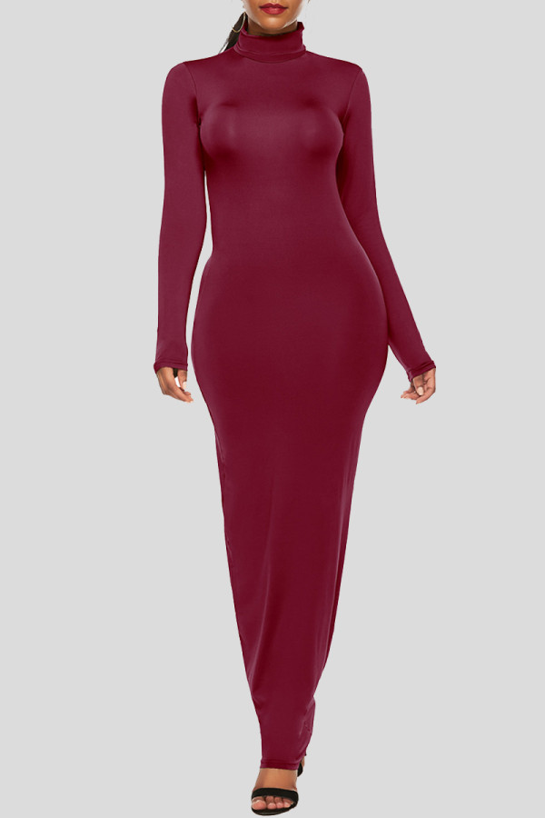 Vinröd Mode Casual Solid Basic långärmade klänningar med turtleneck