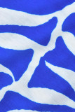 ブルー ファッション カジュアル プリント ベーシック ターンダウン カラー ロング スリーブ プラス サイズ ドレス
