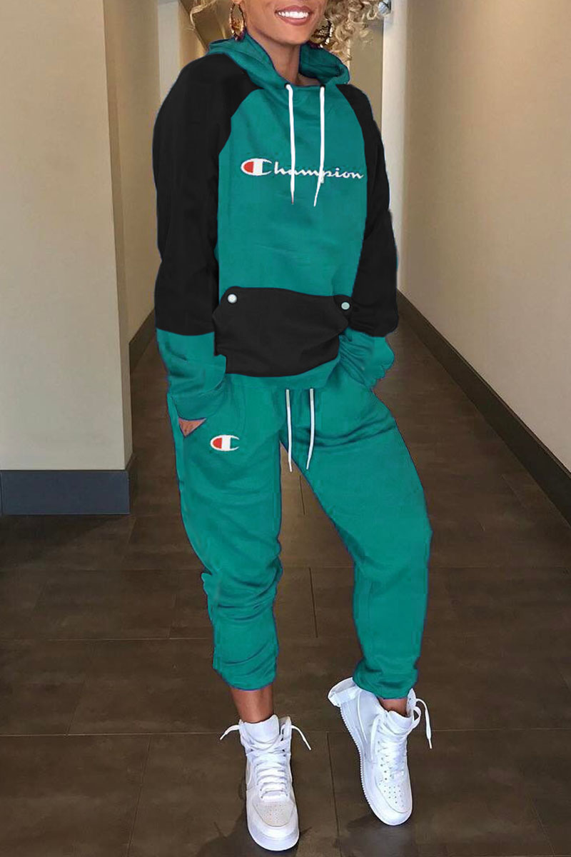 

Cyan Fashion Casual Letter Embroidered Split Joint Hooded Collar Long Sleeve Two Pieces