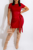 Red Fashion Casual Solid Bandage O Neck Short Sleeve Dress