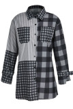 Preto e branco casual xadrez estampado patchwork fivela turndown colarinho camisa vestidos