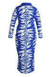 Синий модный повседневный принт с базовым отложным воротником и длинными рукавами, платья больших размеров