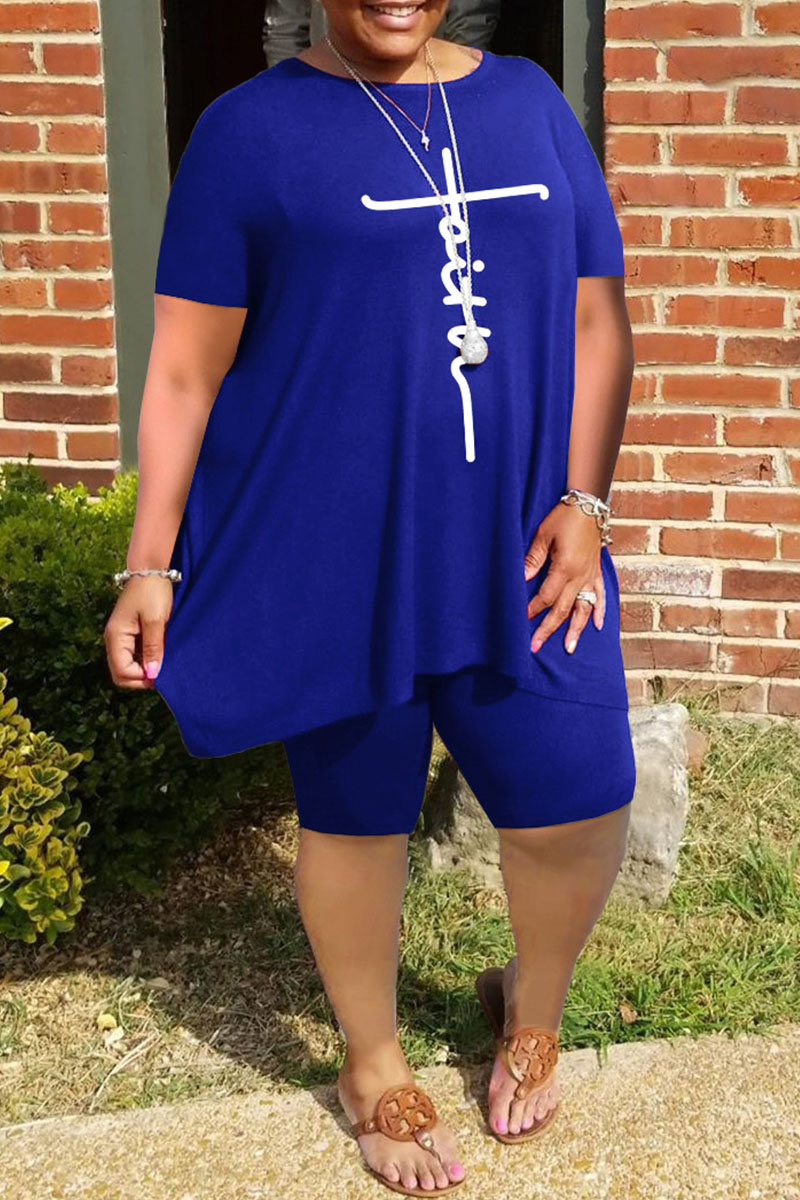 

Blue Fashion Casual Print Basic O Neck Plus Size Two Pieces