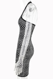 Vestidos de falda de un paso con cuello halter de patchwork ahuecados con estampado sexy en blanco y negro