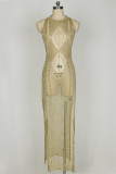 Золотое модное сексуальное сплошное выдолбленное прозрачное пляжное платье для купальников