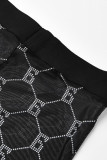 Colete preto moda sexy com estampa transparente calças decote em U sem mangas duas peças