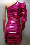 Pink Sexy Solid Patchwork Fold Oblique Collar One Step Skirt Dresses