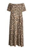 Leopard Print Work Daily Print Leopard Bateau Neck ALinePlusサイズのドレス