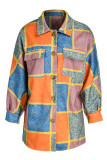 Orange Casual Plaid Print Patchwork Buckle Turndown Collar Outerwear