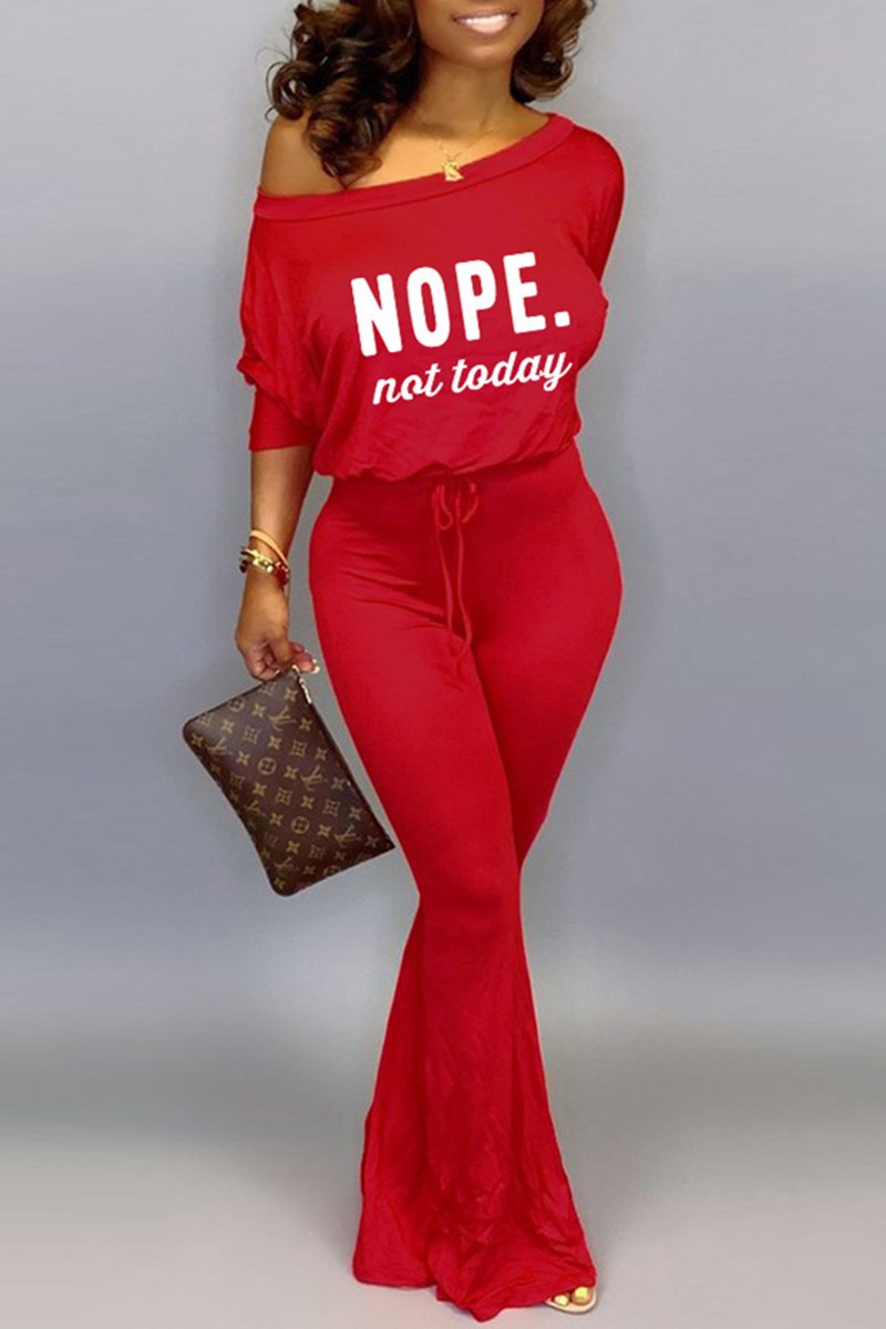 

Red Fashion Casual Letter Print Basic O Neck Regular Jumpsuits