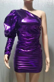 Robes jupe une étape violet sexy solide patchwork pli col oblique