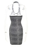 Black White Sexy Print Hollowed Out Patchwork Halter One Step Skirt Dresses