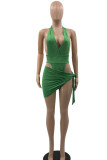 Green Sexy Solid Hollowed Out Patchwork V Neck Sleeveless Two Pieces