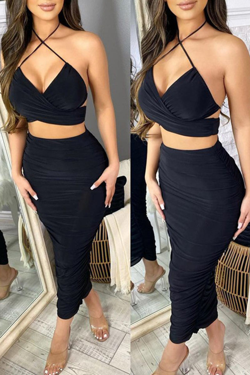 

Black Sexy Solid Split Joint Backless Fold Halter Sleeveless Two Pieces