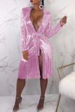 Roze mode effen kwastjes pailletten V-hals rechte jurken