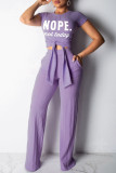 Фиолетовый модный повседневный принт с буквенным принтом, базовый, с круглым вырезом, с длинным рукавом, из двух частей