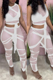 Blanc Fashion Sexy Patchwork Tear Strap Design O Neck sans manches deux pièces