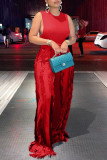 Мандариновый красный модный повседневный однотонный с кисточками в стиле пэчворк с круглым вырезом без рукавов из двух предметов