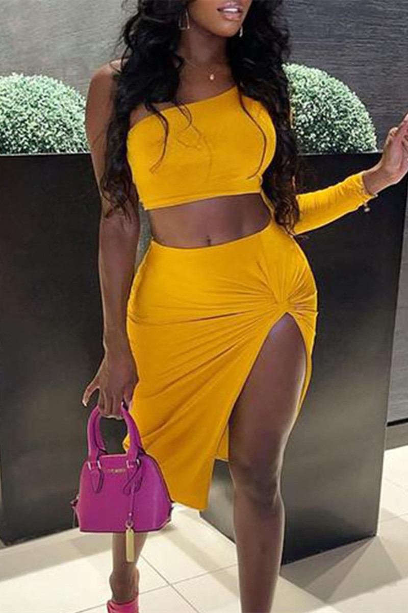 

Yellow Sexy Casual Solid Backless Oblique Collar Long Sleeve Two Pieces