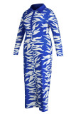 Blue Fashion Casual Print Basic Turndown Collar Long Sleeve Plus Size Dresses