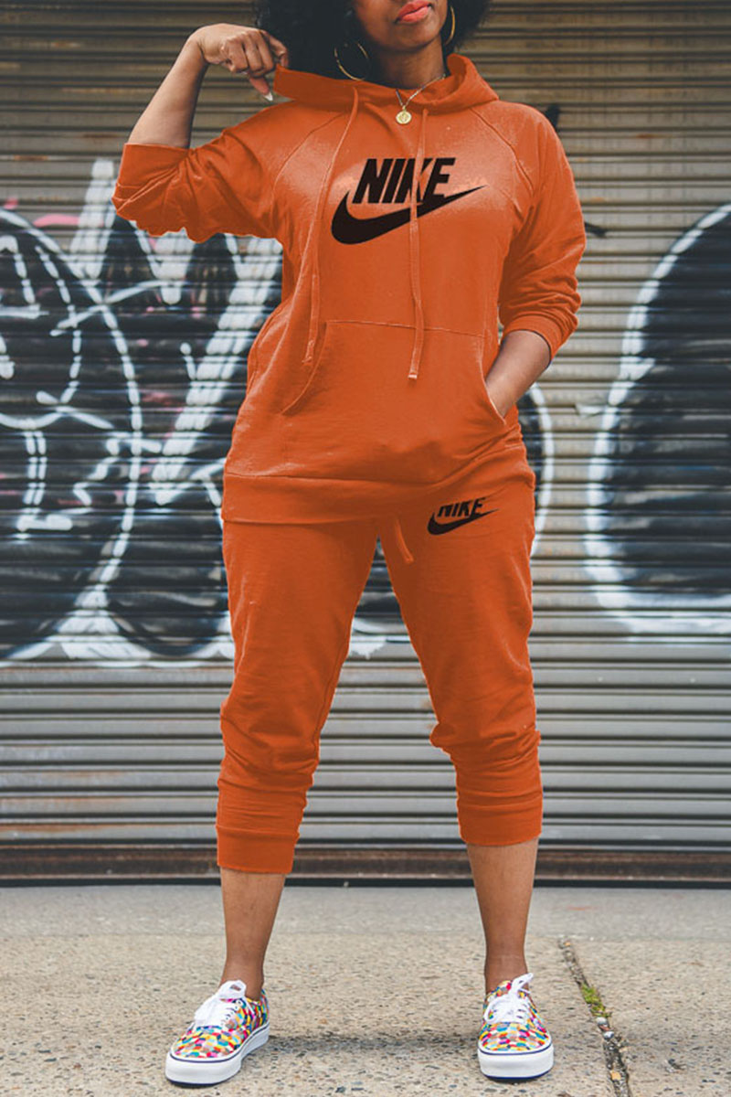 

Orange Fashion Street Print Split Joint Hooded Collar Long Sleeve Two Pieces