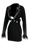 Black Fashion Sexy Patchwork Hot Drilling Hollowed Out V Neck Long Sleeve Dresses