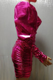 Vestidos de falda de un paso con cuello oblicuo y pliegues de patchwork liso sexy rosa
