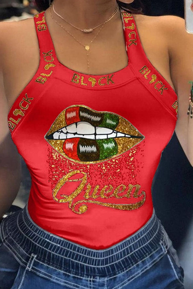

Red Casual Street Print Split Joint U Neck Tops