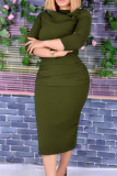 Vestidos de falda de lápiz con cuello en O y pliegues sólidos informales de moda verde