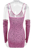 ピンク セクシー プリント パッチワーク バックレス スパゲッティ ストラップ ワンステップ スカート ドレス