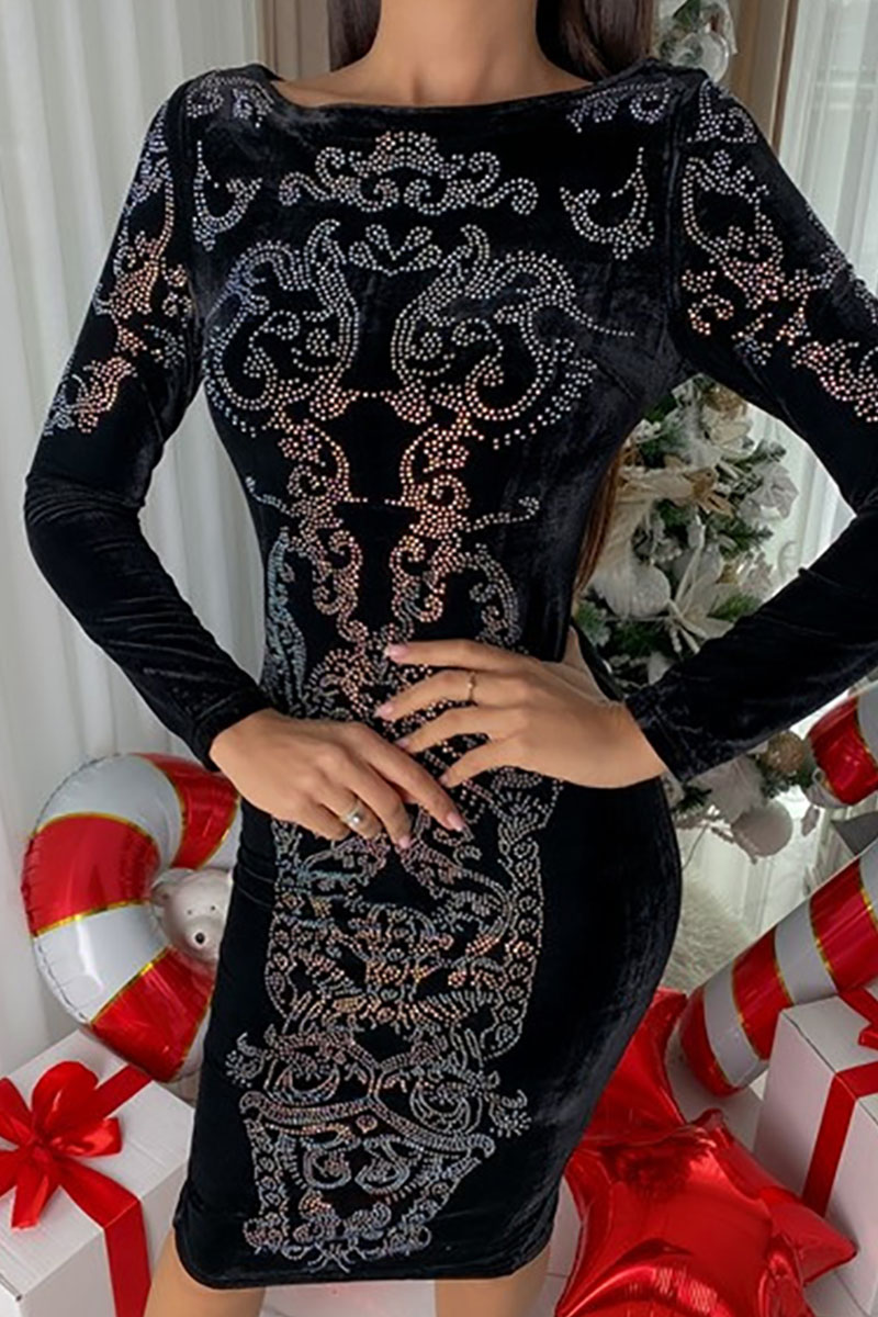 

Black Casual Solid Split Joint Hot Drill O Neck One Step Skirt Dresses