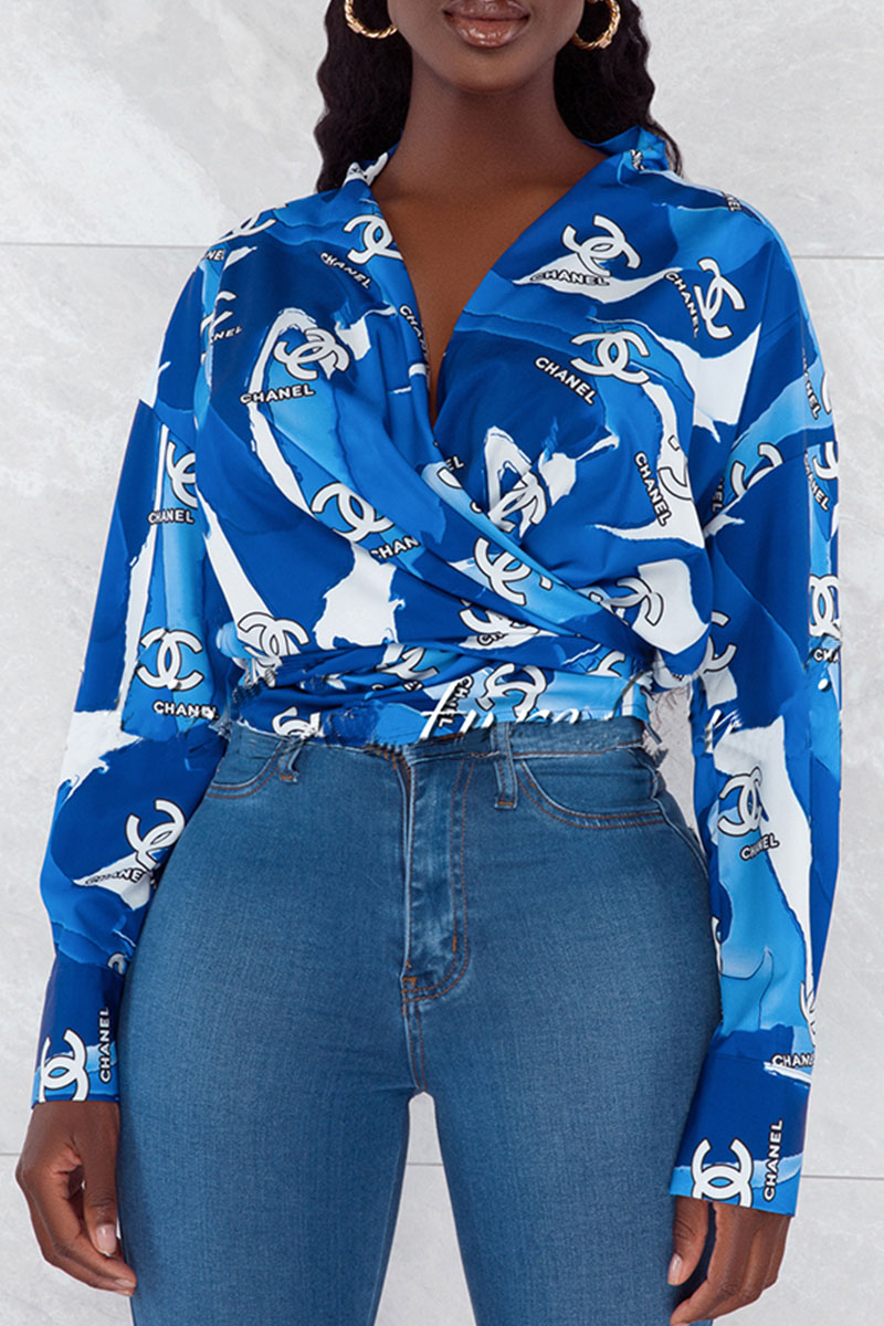 

Dark Blue Fashion Sexy Print Patchwork V Neck Tops