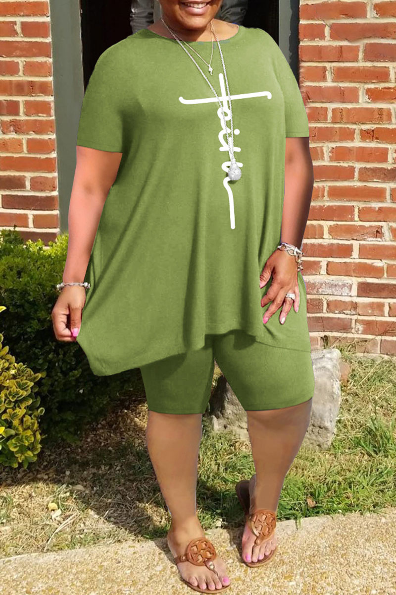

Green Fashion Casual Print Basic O Neck Plus Size Two Pieces