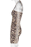 Leopard Print Sexy Print Leopard Hollowed Out Patchwork Frenulum Backless Halter One Step Skirt Dresses