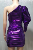 Robes jupe une étape violet sexy solide patchwork pli col oblique