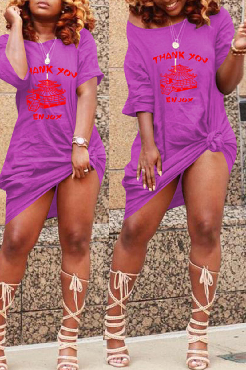 

Purple Casual Print Split Joint O Neck Straight Dresses