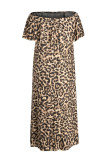 Leopard Print Work Daily Print Leopard Bateau Neck ALinePlusサイズのドレス