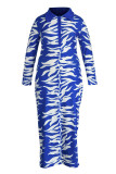 Blauwe mode casual print basic turndown kraag lange mouw plus size jurken