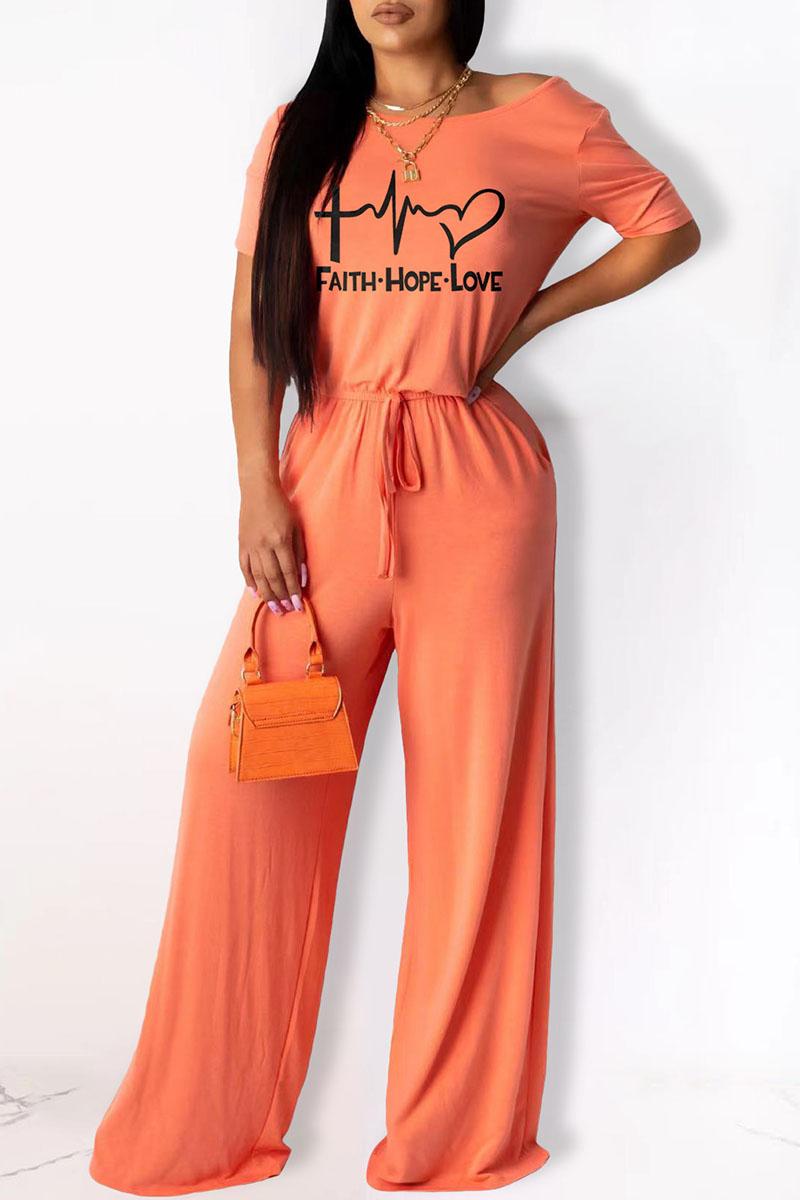

Orange Casual Print Split Joint O Neck Straight Jumpsuits