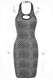 Black White Sexy Print Hollowed Out Patchwork Halter One Step Skirt Dresses