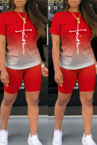 Мандариновый Красный Повседневная Постепенное изменение С принтом Пэчворк Круглый вырез С короткими рукавами Из двух частей