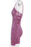 ピンク セクシー プリント パッチワーク バックレス スパゲッティ ストラップ ワンステップ スカート ドレス