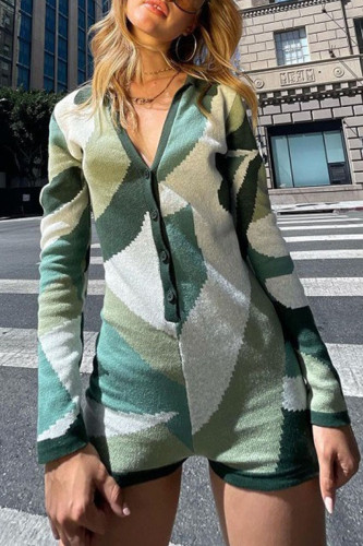Ink Green Casual Print Patchwork Buttons V Neck Skinny Rompers