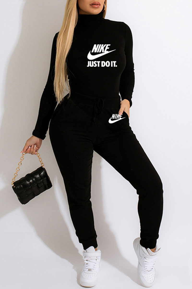 

Black Fashion Sportswear Letter Split Joint Turtleneck Long Sleeve Two Pieces