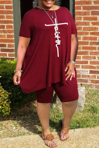 Burgundy Fashion Casual Print Basic O Neck Plus Size Two Pieces