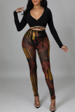 Brown Fashion Sexy Print See-through V Neck Long Sleeve Two Pieces