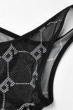 Colete preto moda sexy com estampa transparente calças decote em U sem mangas duas peças